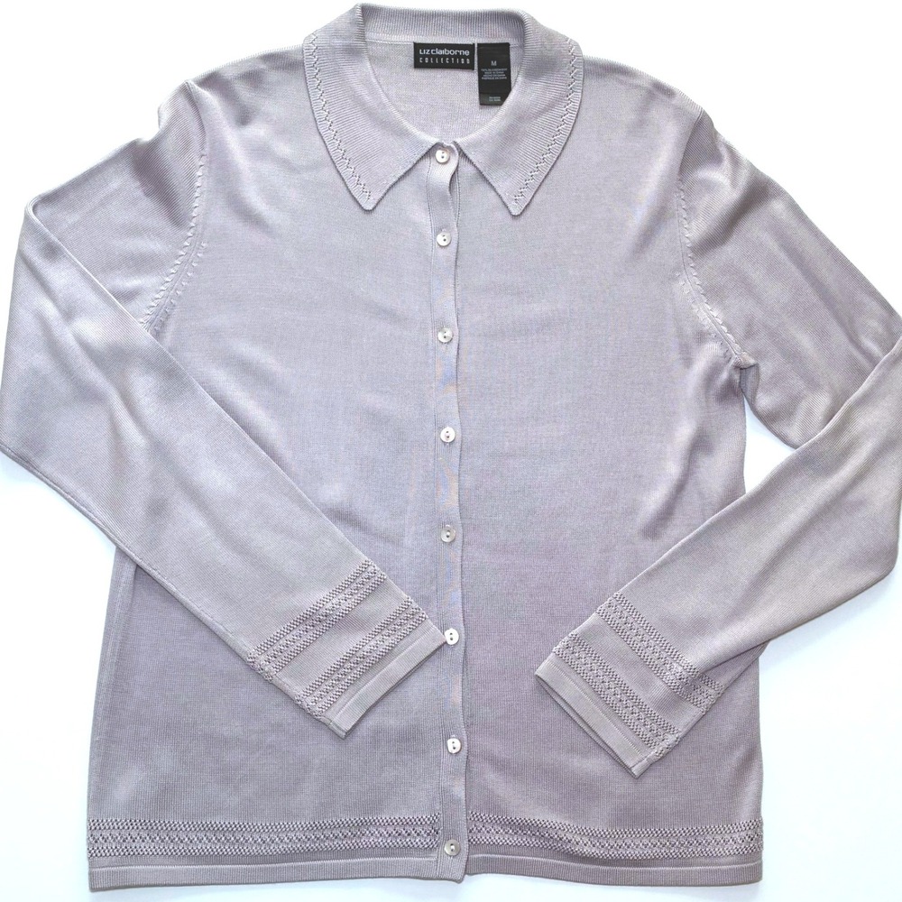 Liz Claiborne 100% Silk Knit Cardigan Blouse Womens Medium Mauve Classic Office